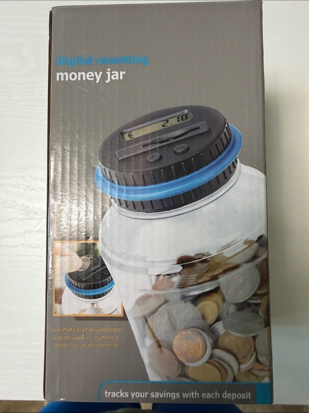 NWOT Digital Counting Money Jar - Clear Jar with Blue/Black Lid